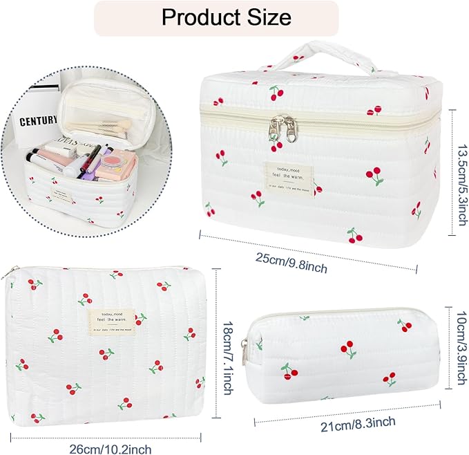 3Pcs Cotton Quilted Makeup Bag for Women Girls, Large Floral Cosmetic Bag Set Cute Makeup Brushes Aesthetic Accessories Storage Bag Cherry Travel Toiletry Bag Organizer