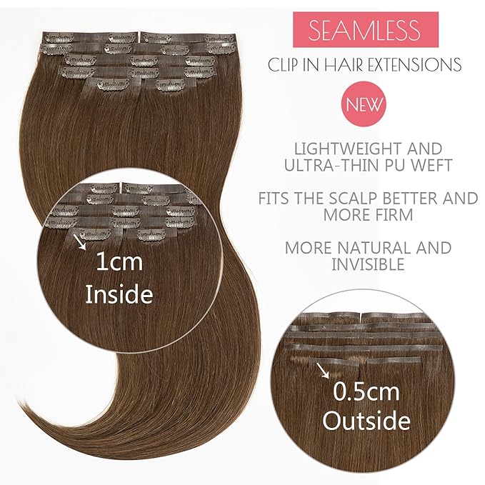Loxxy Seamless Clip in Hair Extensions Remy Human Hair Chocolate Brown Inviisble PU Hair Extensions Clip in Human Hair Double Weft Silky Straight Thich End #4 7 Pieces 110g 14inch