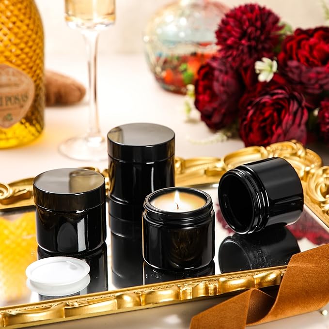 Domensi 48 Pcs 2 oz Glass Jars with Lids Travel Size Round Leakproof Empty Cosmetic Jars with Inner Liners Lid for Storing Makeup Lotions Face Cream Ointments Candle DIY Making (Deep Black)
