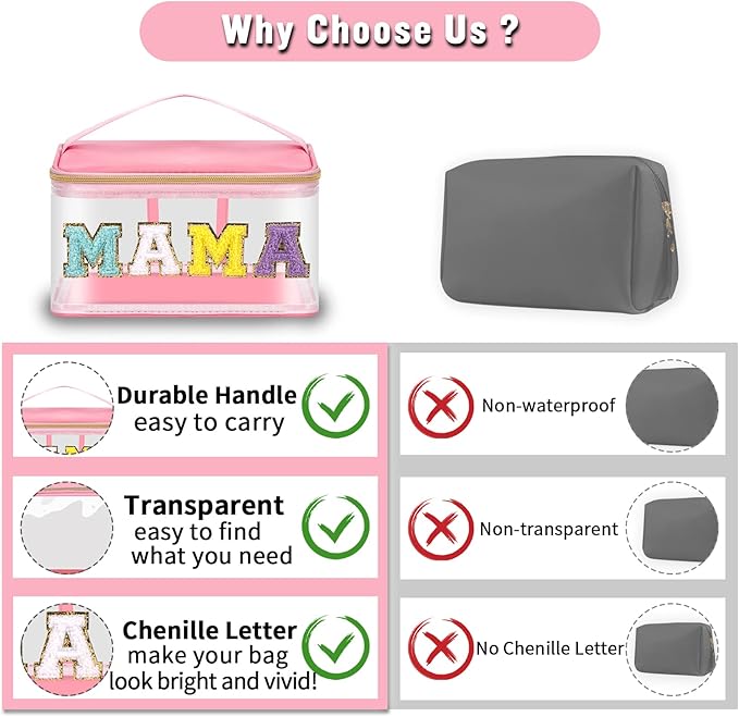 Chenille Letter Clear Makeup Bags Mama Pouch, Preppy Patch Makeup Bag Zipper with Handle, Transparent PVC & Nylon Waterproof Glitter Cosmetic Handbag Travel Toiletry Storage for Women Girl(MAMA-Pink)