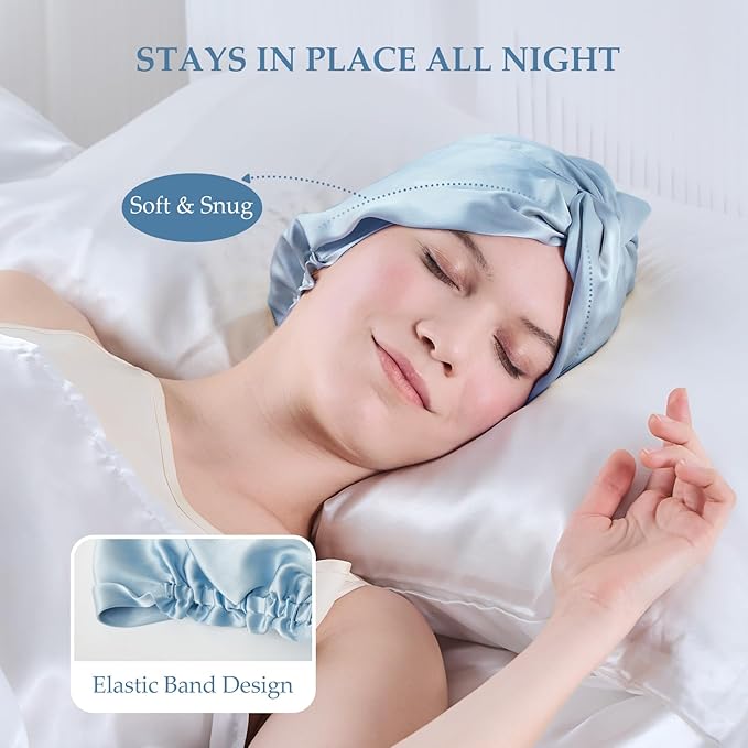 Silk Bonnet for Sleeping Women, 100% Mulberry Silk Sleep Cap with Elastic Band, Real Mulberry on Both Sides, Light Blue