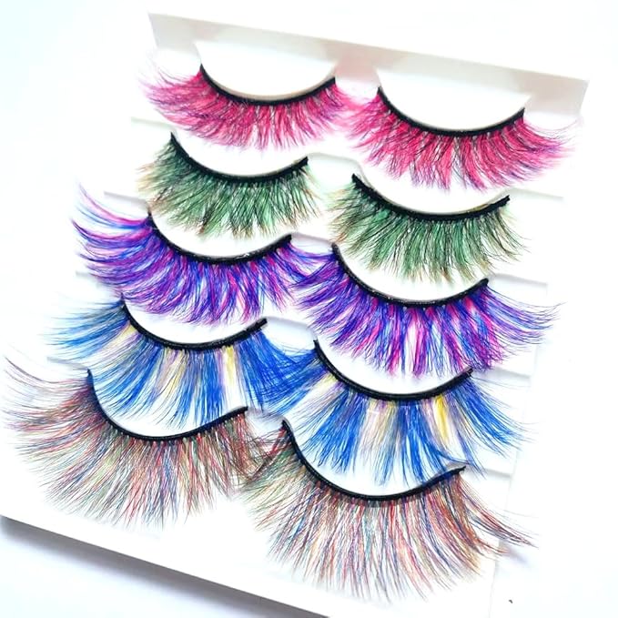 Sunniess Ombre Colored Lashes Silk Protein Fluffy Wispy Volume Fake Lashes for Halloweens Cosplay Party Stage Russian D Curl Lashes with Color Make up Faux Mink False Eyelashes