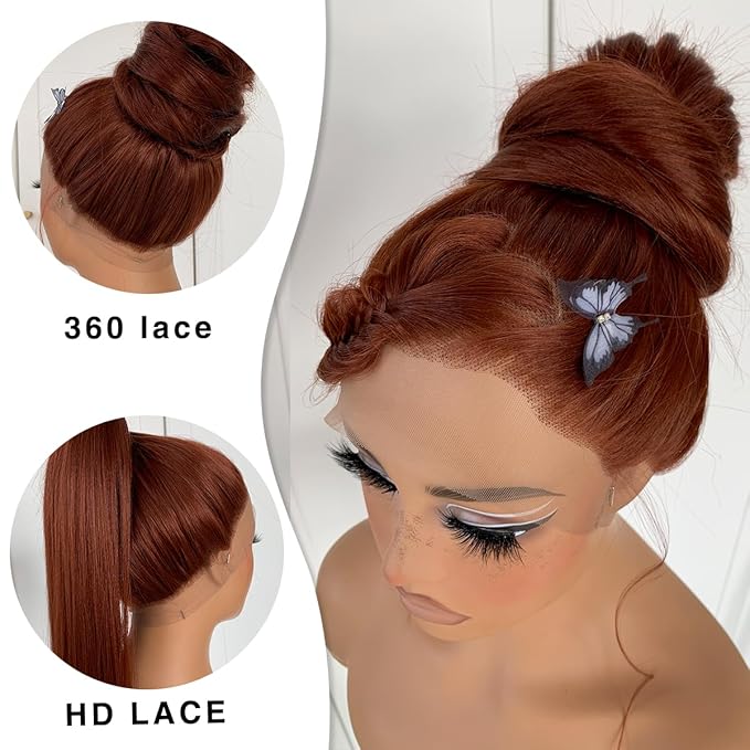 360 Reddish Brown Lace Front Wig Pre-Plucked Straight HD Glueless Lace Front Wig Synthetic Red Brown Long Straight Lace Front Wig 32inch