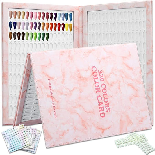 320 Nail Color Chart Book,Leather Nail Color Display Book with 480 Nail Tips & 1-400 Number Labels,Professional Nail Color Chart Display Book for Nail Polish Nails Art Design(Pink)