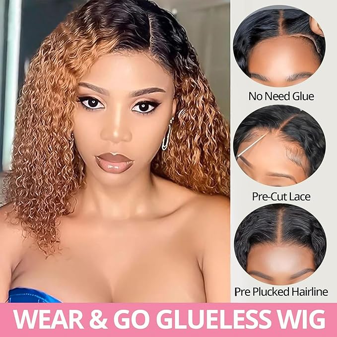 1B/30 Wear and Go Bob Wig Human Hair Deep Wave Ombre Lace Front Wigs Human Hair 5x5 Lace Wigs Glueless Wigs Human Hair Pre Cut Curly Wig Human Bob Hair 180% Density with Black Roots 12 Inch