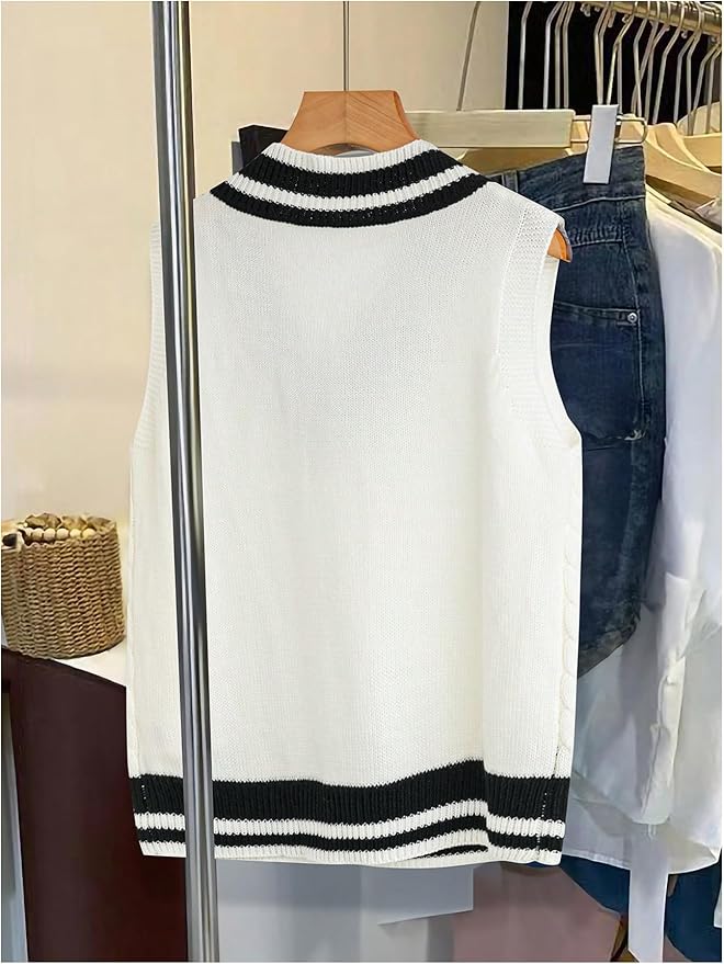 Floerns Women's V Neck Letter Striped Trim Sleeveless Sweater Vest Knit Top