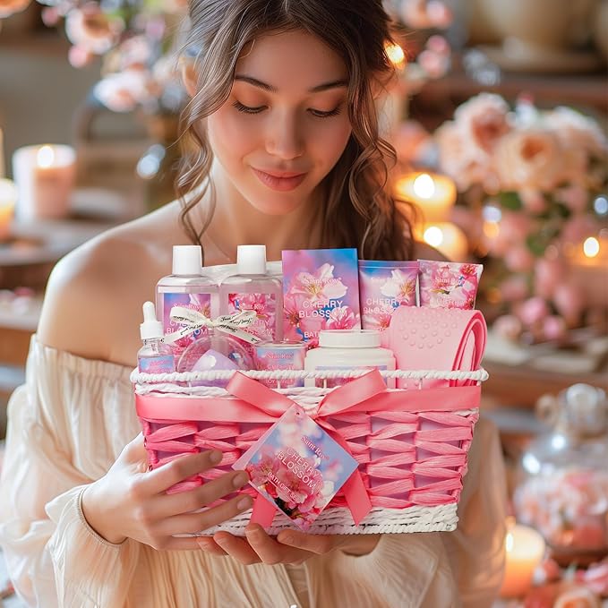 Spa Gifts for Women, Home Spa Gift Basket, Luxury 12 Pcs Gift Set for Women Enchanted Cherry Blossom Scent Bath & Body Gift Set, Pamper Gifts for girls & Teens Spa Kit Birthday Gift, Spa Gifts