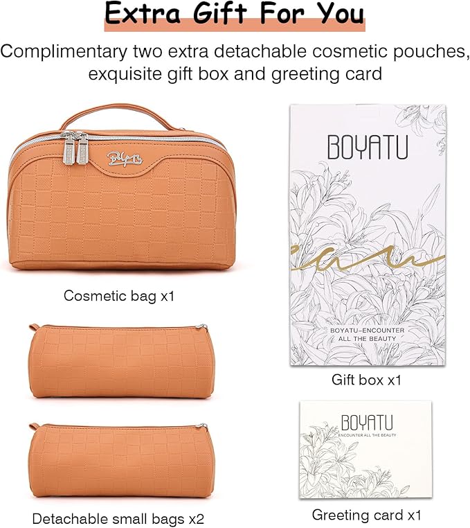 BOYATU Travel Makeup Bag Organizer Cosmetic Bag: 3 Pcs Set Make up Bags for Women with Handle - Waterproof Vegan Leather Toiletry Bags with Comparments (Orange)