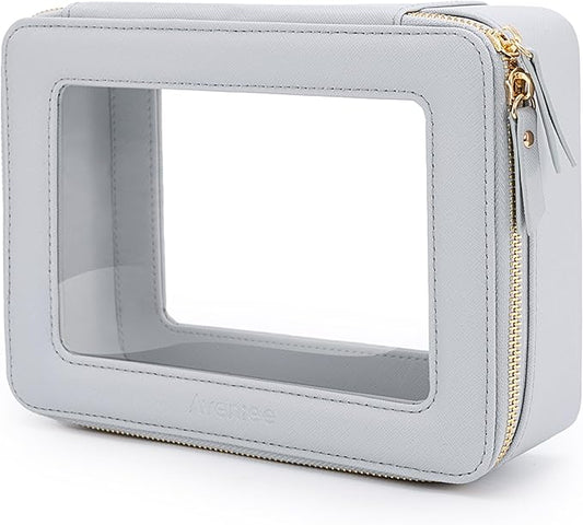 Aveniee Clear Makeup Bag for Women, Clear Cosmetic Bags Travel Toiletry Bag, Heavy Duty Makeup Organizer, Makeup Train Case with Clear Windows & Gold Zippers(Pearl Blue)