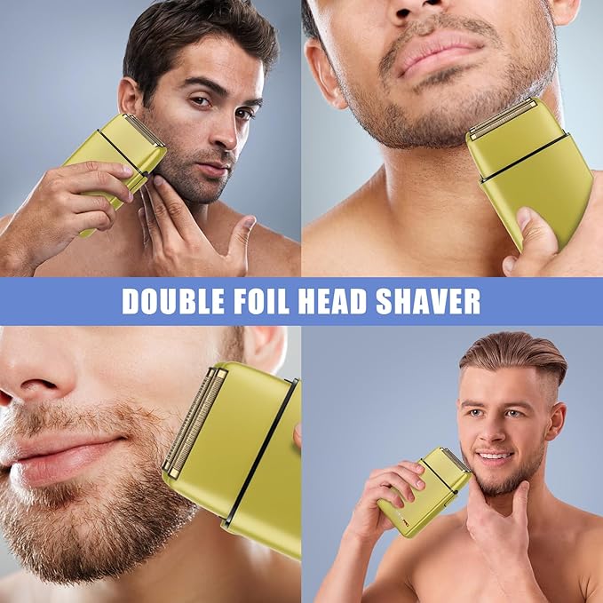 Foil Shaver for Men Barber, Double Electric Foil Trimmer, Professional Electric Razor, Close Shaver, Cordless Rechargeable with USB, Yellow