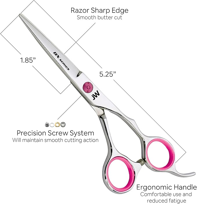 JW Shears Professional Hairdressing Shear, Thinner, Razor and Case Set (5.25" Silver/Pink)