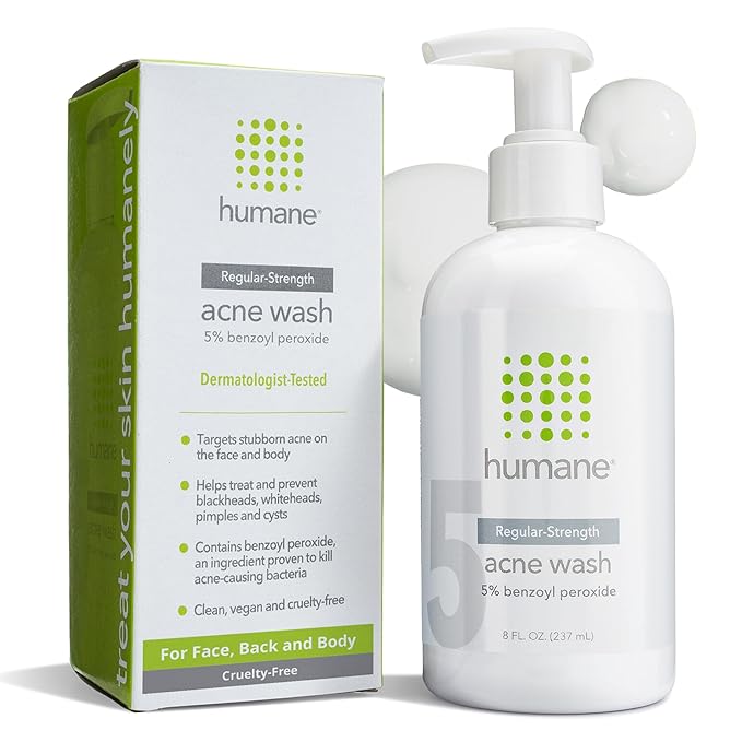 humane Benzoyl Peroxide Acne Body Wash - 5% Regular-Strength Acne Treatment for Face, Skin, Back and Body - 8 Fl Oz - Dermatologist-Tested Non-Foaming Cleanser - Vegan, Cruelty-Free
