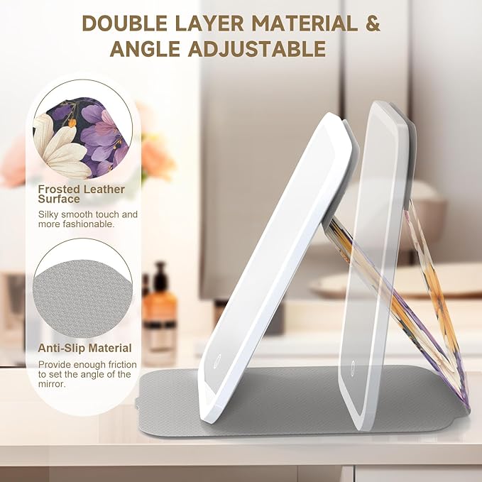 Mocado Travel Makeup Mirro with Lights, 360° Rotation Lighted Makeup Mirror, Portable Mirror with 10x Magnification, 3 Color Lightings, Dimmable Touch Screen, Tabletop Light up Mirror(Sun Daisy)