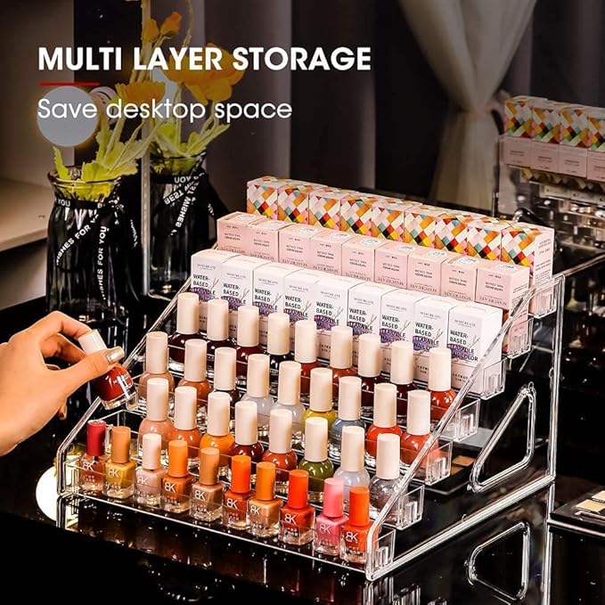 Nail Polish Organizer 84 Bottles of 7 Layers Sunglass Organizer Acrylic Display Rack Eyeglasses Storage Essential Oils Holder Makeup Organizer No Tool Needed Assembly, Clear (2 Pack)