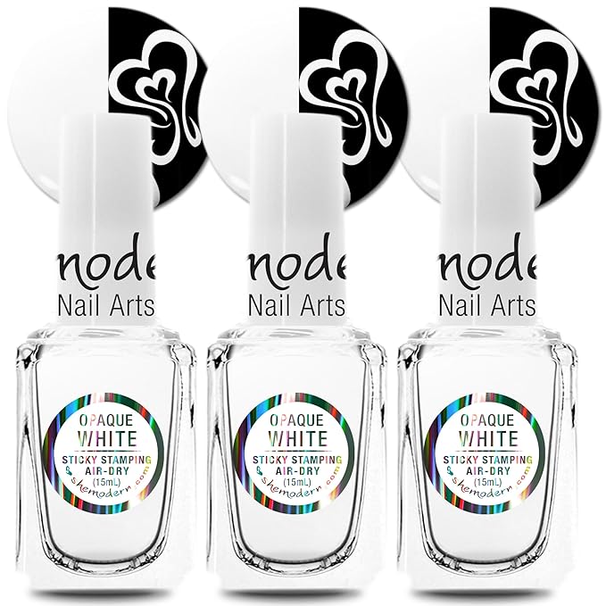 SheModern STICKY WHITE Opaque Stamping Polishes (Set of 3) For Nail Art Design Air Dry Collection. More Transfer Time with Tacky Surface for Easy Adhere of Pigment, Glitter