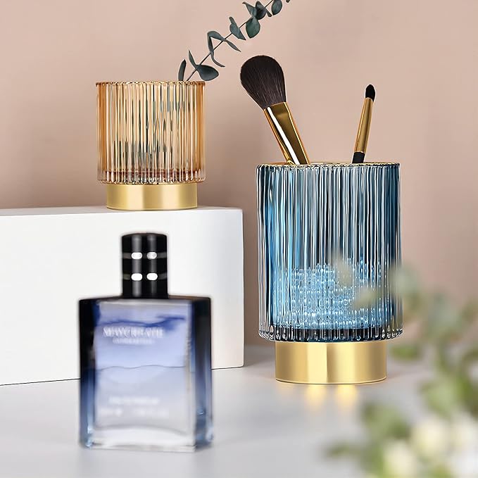 DASITON Makeup Brush holder Organizer,Crystal Cosmetic Makeup Brush Glass Brushes Storage Holder, Vintage Make Up Brush Cup Pen Pencil Holder striped vase(Blue L)