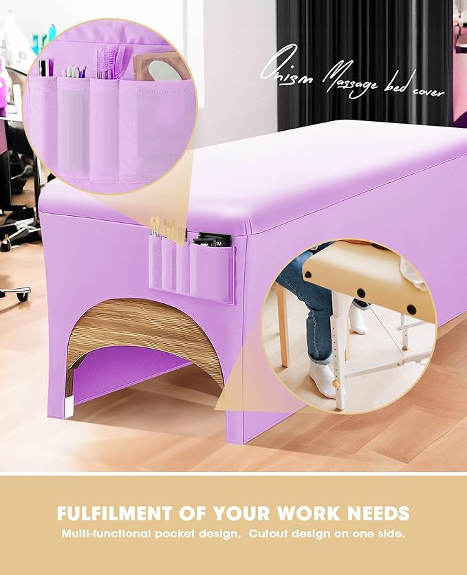 Onism Lash Bed Cover, Wipeable PU Leather Massage Table Cover with Storage Pocket, Waterproof Soft Comfortable Wax Bed Cover for Eyelash Extension, Perfect for Salon Spa Tattoo, Lavender