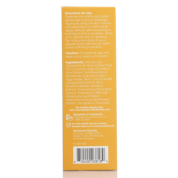 Advanced Clinicals Vitamin C Body Oil Skin Care Moisturizer W/Vitamin E & Turmeric - Nourishing, Brightening, & Hydrating Body Oil To Improve Look Of Dark Spots, Dry Skin, & Stretch Marks, 3.8 Fl Oz