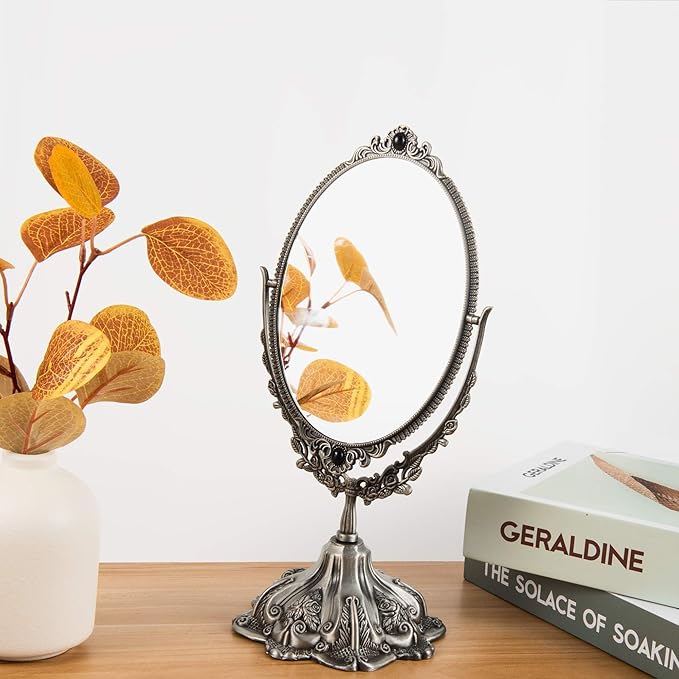 Feyarl Small Vintage Makeup Mirror Floral Tabletop Oval Vanity Mirror with Stand Dressing Room Swivel Double Sided Elegant Decorative Mirror Embossed Frame (Pewter)