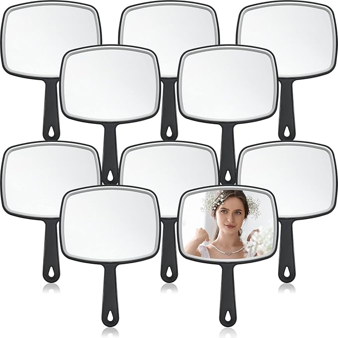 Qunclay 10 Pcs Large Hand Mirror Handheld Mirror with Handle Multi Purpose Barber Mirror with Distortion Free Reflection for Vanity Makeup Salon Travel Use (Black, 7.3'' W x 10.3'' L)