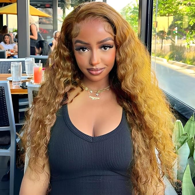 26inch Honey Blonde Wig Human Hair, Deep Wave Lace Front Wigs Human Hair #27 Color Blonde Curly 13x6 Hd Lace Front Wigs Pre Plucked With Baby Hair Lace Frontal Wig 180% Density For Black Women