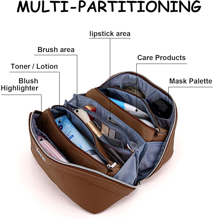 Travel Makeup Bag Organizer Cosmetic Bag: 3 Pcs Set Make up Bags for Women with Handle - Waterproof Vegan Leather Toiletry Bags with Comparments (Brown)