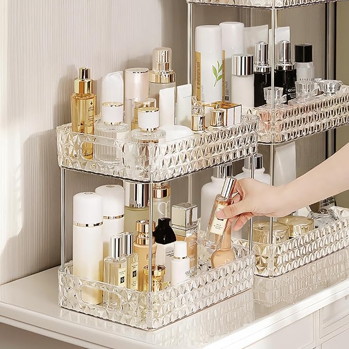 Makeup Organizer for Vanity,Bathroom Countertop Skincare Organizer,Makeup Counter Shelf Perfume Holder Rack,Cosmetic Display Case (Clear, 2 Tier)