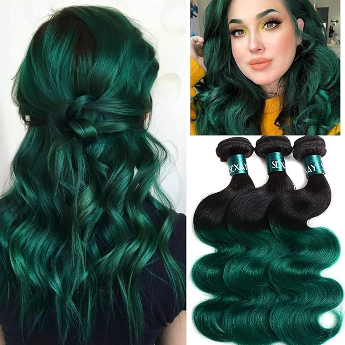 Ombre Green Body Wave 2 Tone Ombre Hair 1 Bundle Remy Hair Body Weft Unprocessed 10A Virgin 26" 1B/Green