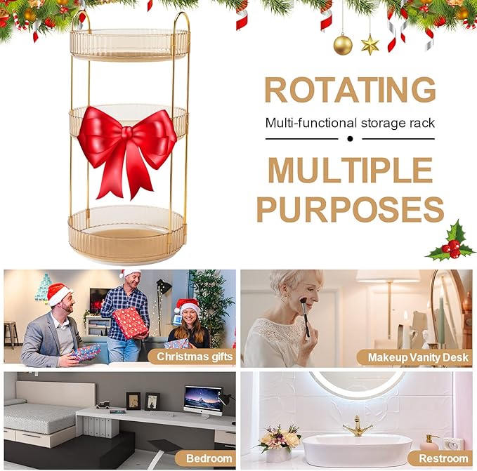 360 Rotating Makeup Organizer, Yellow, Unisex, 3 Tier Countertop Storage, Fits Cosmetics, Perfume, Skincare, Lipsticks