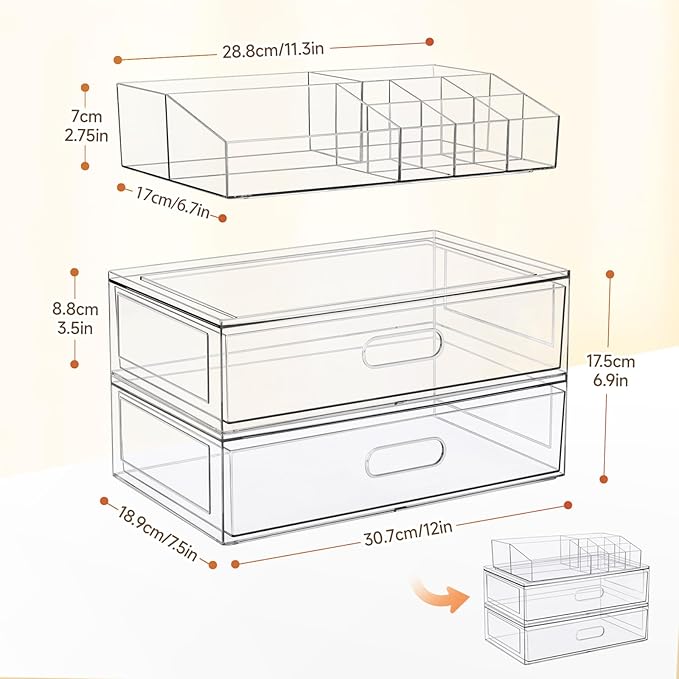 3 Tier Clear Stackable Makeup Organizer with Drawer, 12''W Acrylic Storage Drawers, Cosmetic Display Case for Vanity Bathroom Countertop, Beauty Holder for Lipstick Brush Skincare Perfume