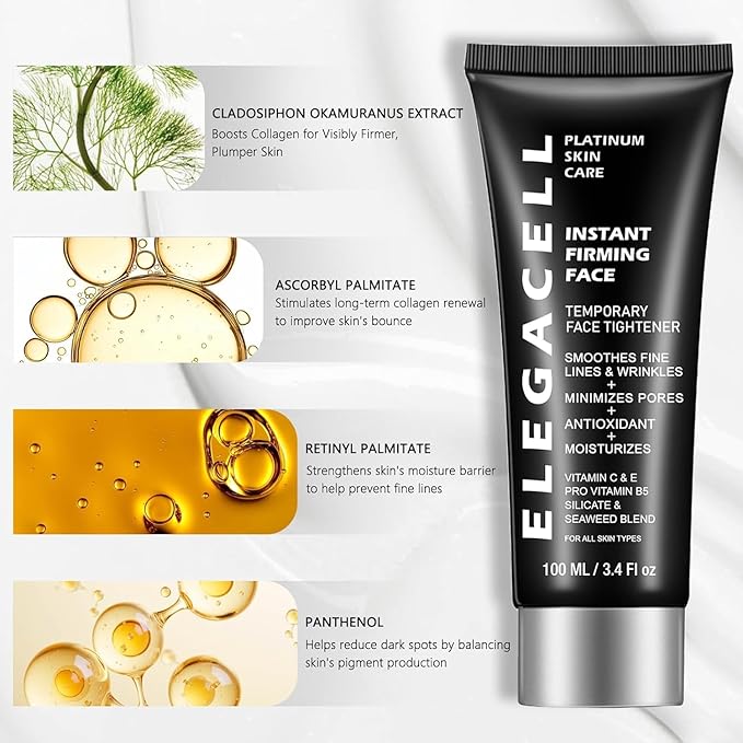 Elegacell Face Tightener Instant Face Lift Cream Temporary Frim Skin Tightening and Lifting Cream-Smooth the Look of Fine Lines - Daily Moisturizer for Women and Men - 100ml, 3.4 fl.oz