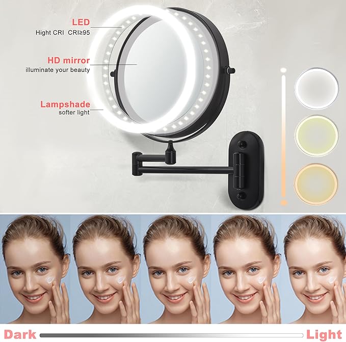 8“Wall Mounted Makeup Mirror With Lights, 10x Magnifying Mirror Wall Mount for Vanity, Bathroom and Shaving, Rechargeable Wall Mounted Makeup Mirror Swing Arm with Adjustable Brightness (Black-10X)