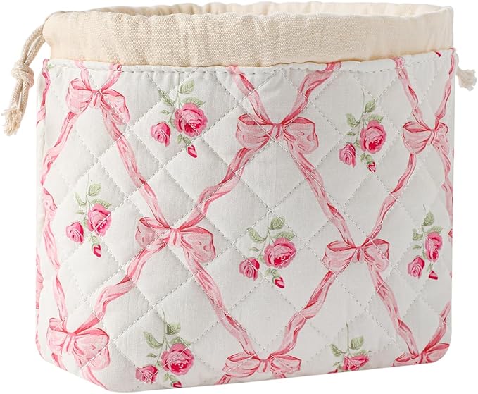Cotton Quilted Drawstring Makeup Bag with Canvas Lining,Coquette Aesthetic Cute Travel Toiletry Bag,Drawstring Gift Bag for Women and Girls（03Pink Bows）
