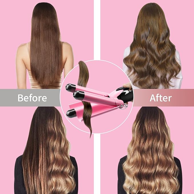 3 Barrel Curling Iron Hair Crimper: Aleath Dual Voltage Adjustable Temperature Three Barrels Hair Waver - Ceramic 1 inch Curler Wand