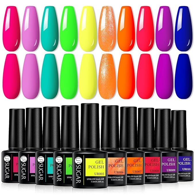 UR SUGAR Neon Gel Nail Polish Set, 10 Colors Hot Pink Orange Yellow Green Blue Red Purple Neon Pastel Color Spring Summer Nail Polish Fluorescent Gel Polish Soak Off Nail Art Gifts Set for Women