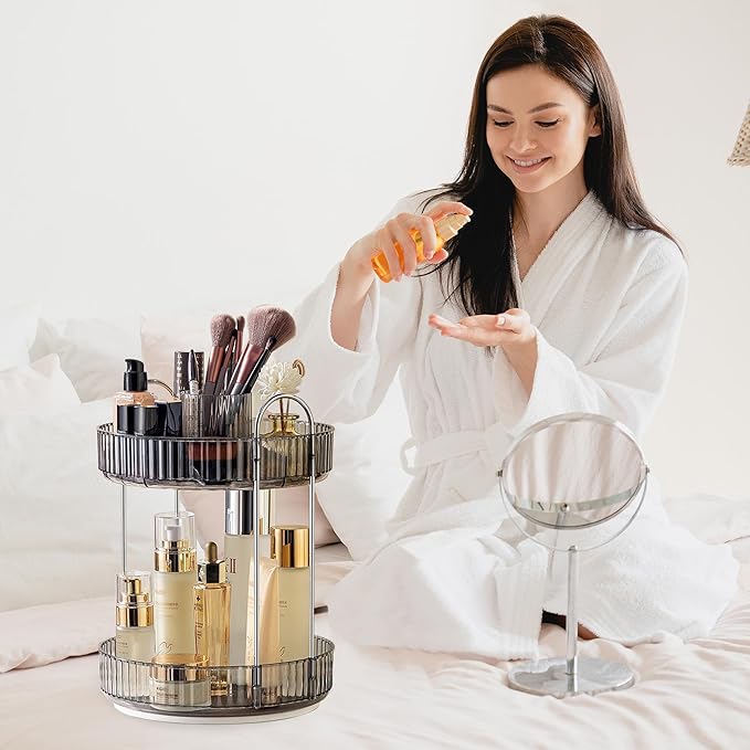 Aveniee 360° Rotating Makeup Organizer for Vanity, Upagraded Perfume Skincare Bathroom Counter Organizers with Brush Divider, Two Tier Spinning Lipstick Cosmetic Makeup Lotion Storage Organizer (Grey)