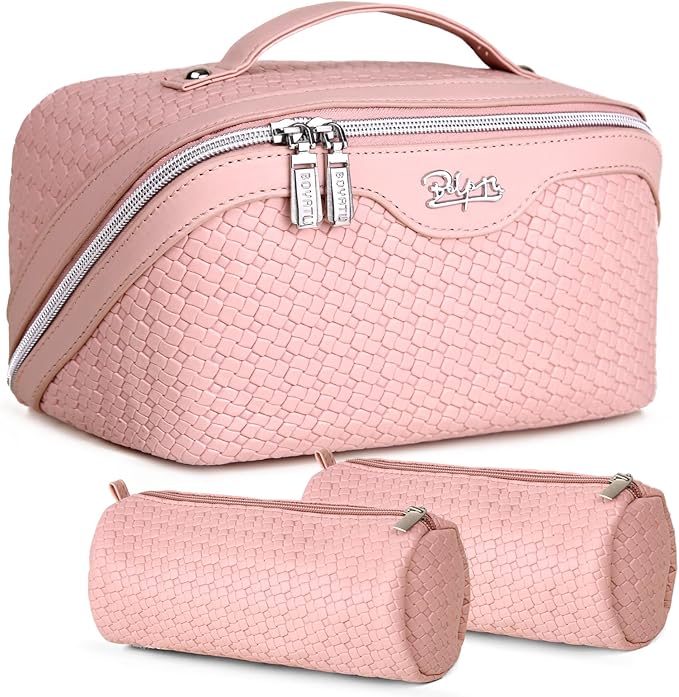 BOYATU Travel Makeup Bags for Women: 3 Set Make up Bags with Compartments - Large Cosmetic Bag - Vegan Leather Makeup Organizer for Traveling (L17 Pink)