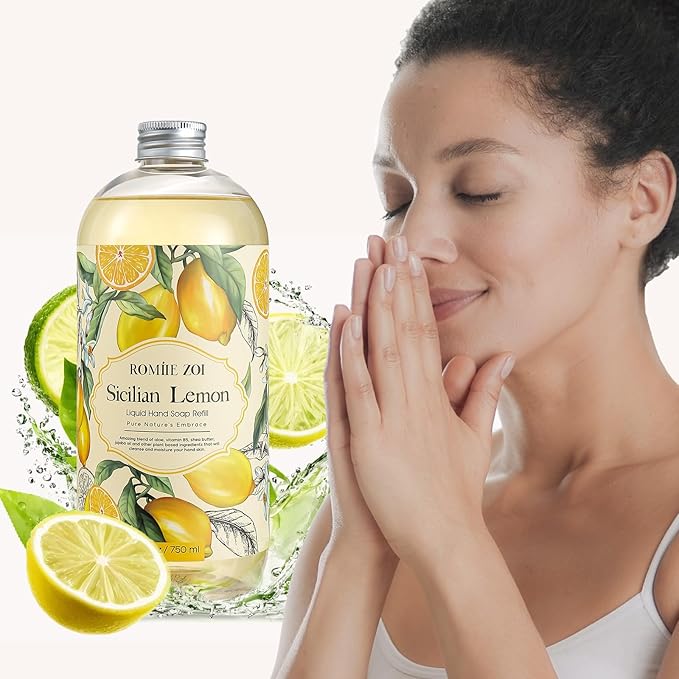 Lemon Scent Liquid Hand Soap Refills - Natural, Gentle & Moisturizing Formula - Family Size 3 Pack, Ideal for Liquid Soap Dispensers in Kitchen and Bathroom