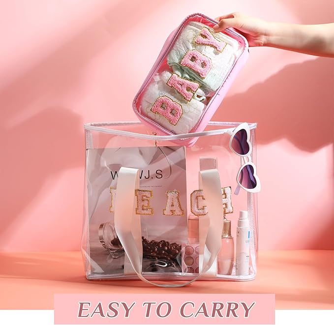 4 Pcs Mama and Baby Toiletry Bag Clear Chenille Letter Pouch Snacks Makeup Stuff Travel Diaper Bag Preppy Transparent Pouch with Zipper for Women Gift(Bright Color)