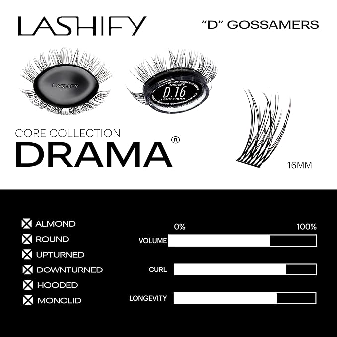 Lashify Drama 16mm Gossamer Eyelash Extensions Refill, Black, Easy DIY False Lashes for a Natural Look