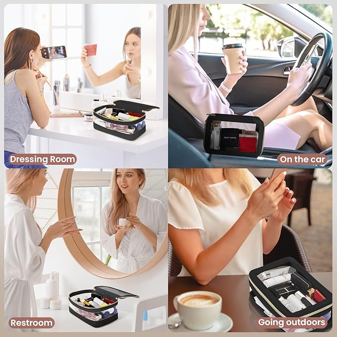 Clear Makeup Bag, Travel Clear Cosmetic Bag and Makeup Brush Bag, Transparent Portable Makeup Case, Waterproof Toiletry Bag with Zipper for Women, Black