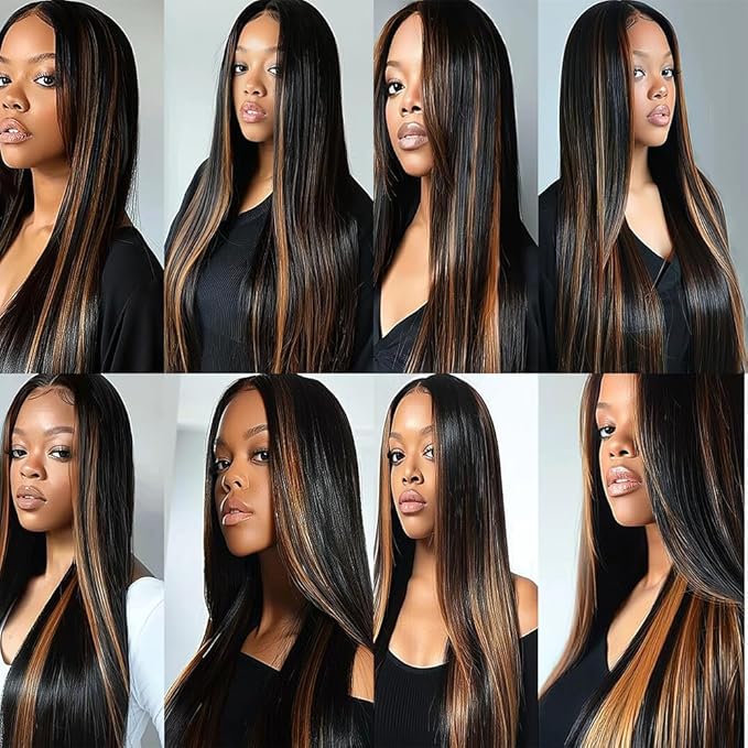 Ombre Human Hair P1B/30 Straight Bundles Two Tone Black to Light Brown Highlight Bundles Brazilian Human Hair Weave Soft and Silky for Black Women 24 26 28 Inch