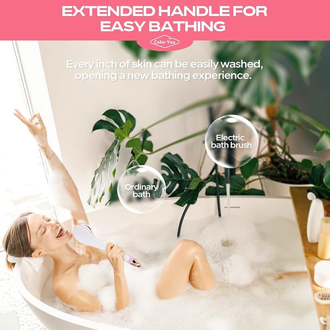 Color You Electric Body Brush for Exfoliating and Massage, Long Handle Electric Bath Brush Rechargeable Body Scrubber, Soft Silicone Spinning Skin Brush with 4 Spin Brush Heads for Man and Women