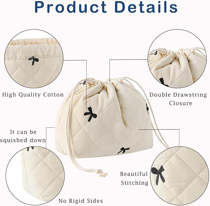 Cotton Quilted Drawstring Makeup Bag with Canvas Lining,Coquette Aesthetic Cute Travel Toiletry Bag,Drawstring Gift Bag for Women and Girls（05Beige Bows）
