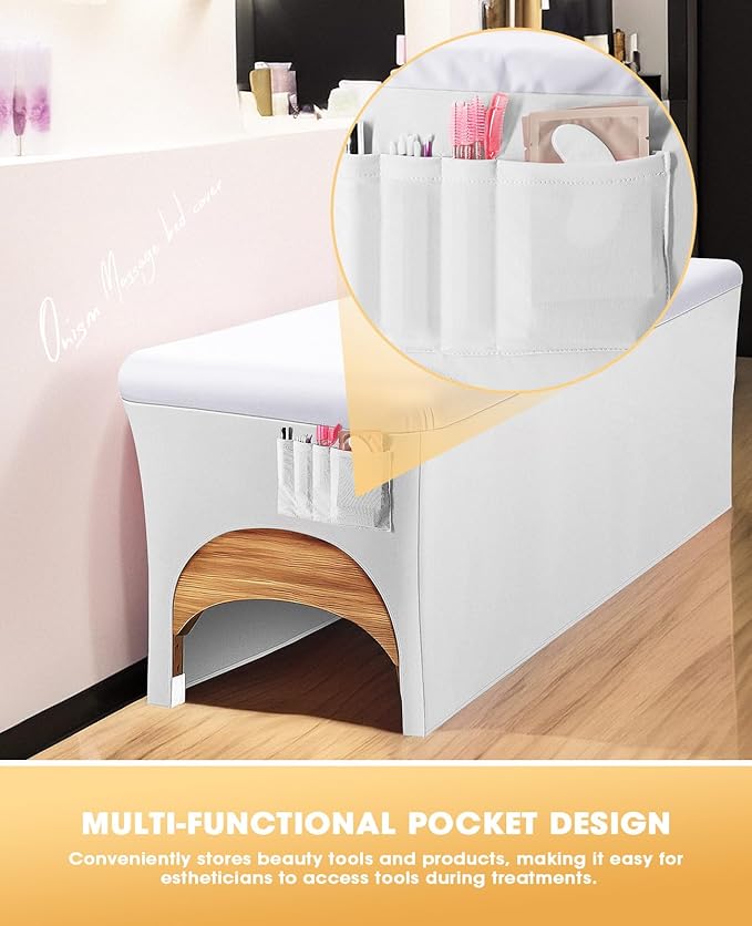 Onism Lash Bed Cover-Wipeable PU Leather Massage Bed Cover, Waterproof Soft and Comfortable Spa Bed Cover with Storage Pocket for Eyelash Extension Bed Massage Bed Perfect for Salon Spa Home Use White