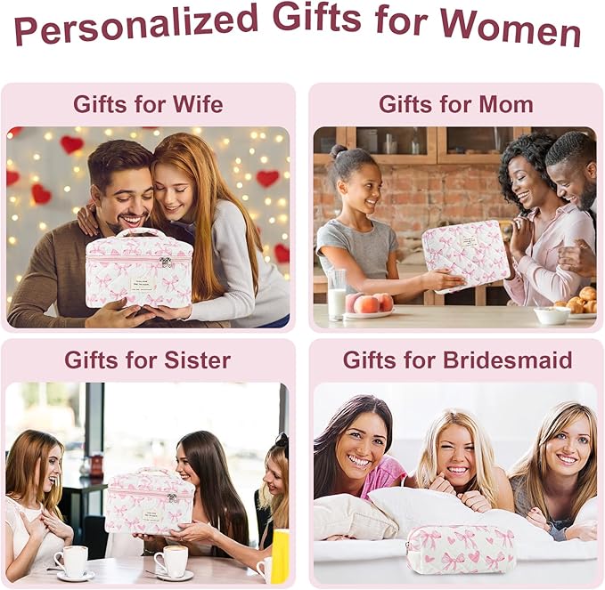 3Pcs Makeup Bag Cotton Quilted Travel Cosmetic Bag Cute Floral Makeup Pouch Large Toiletry Bag for Women Girls (Bow-Pink5)