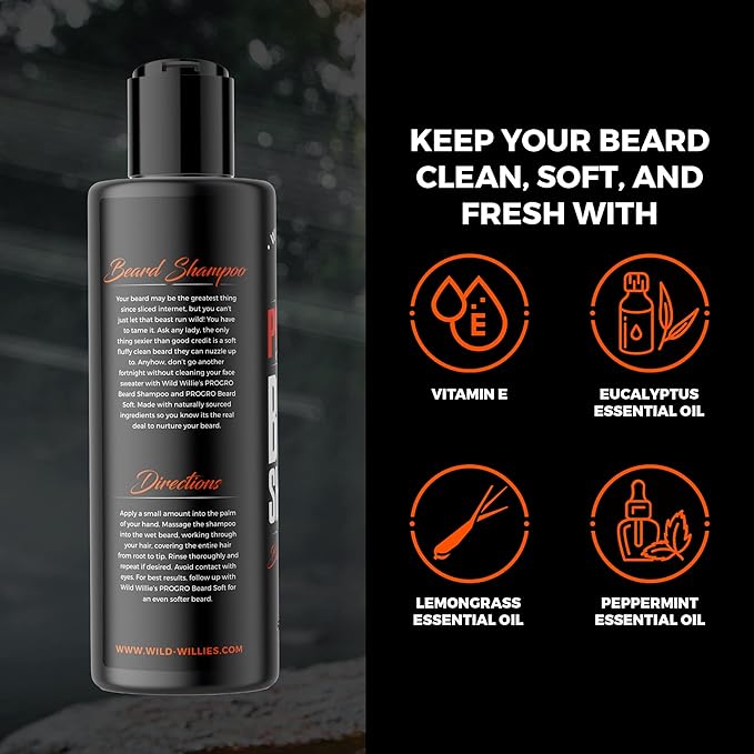 Wild Willies PROGRO Beard Growth & Revitalizing Shampoo with Biotin & Caffeine for Facial Hair Growth, Hydration & Softener, Beard wash for men, 4oz