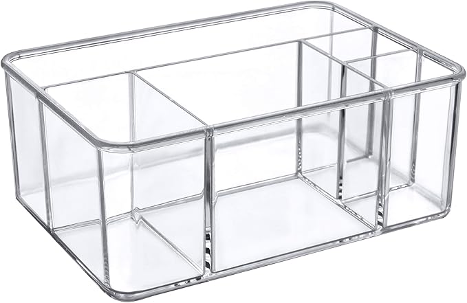 Amazing Abby - Glamour - Acrylic 5-Compartment Makeup Organizer, Transparent Plastic Beauty Supply Holder, Perfect Bathroom Vanity Storage Solution for Makeup Palettes, Makeup Brushes, and More