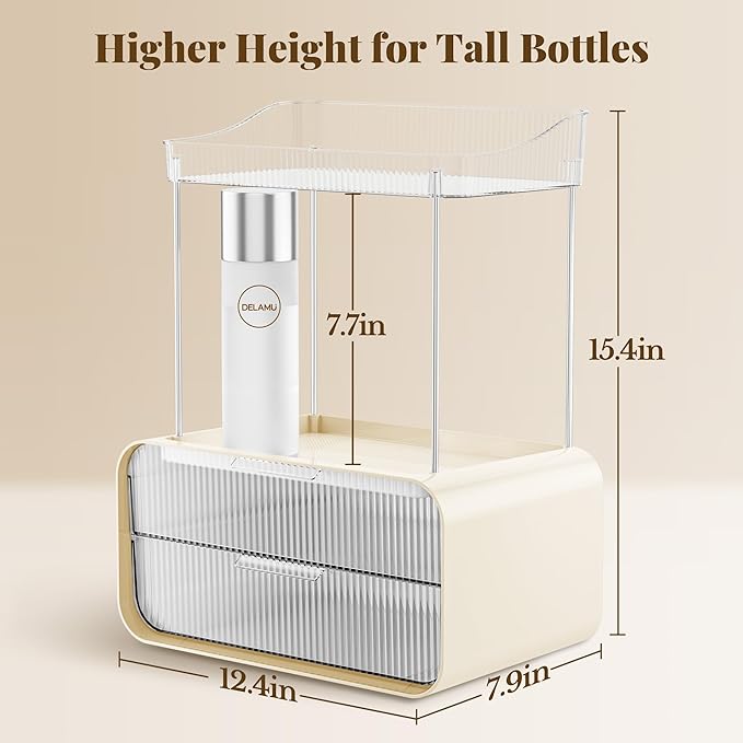 Delamu Bathroom Counter Organizer 2-Drawers 2-Tier Acrylic Makeup Organizer for Vanity Countertop, Skincare Perfume Storage, Easy Assembly, Ideal Gift for Women Cream White