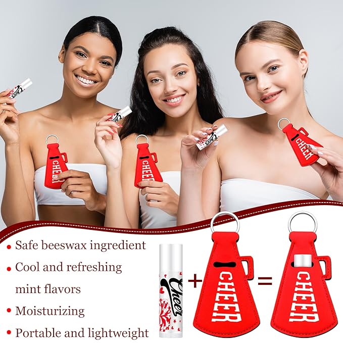 18 Sets Blue Red Cheer Favors Natural Bulk Lip Balm and Moisturizing Lipstick Holder Keychains Set Cheerleader Cheerleading Gift for Team Teen Sports Party Supplies(Red)
